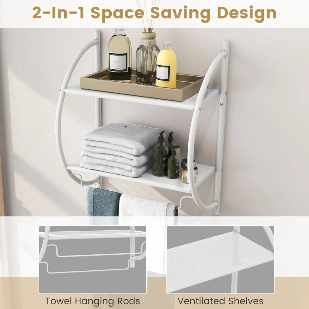 Porta Asciugamani Bagno da Parete, Mensola Bagno Doccia, Montaggio a Parete, con 2 Ripiani e 2 Portasciugamani, per Asciugamani, Antiruggine，45x25,5x55 cm (Bianco)