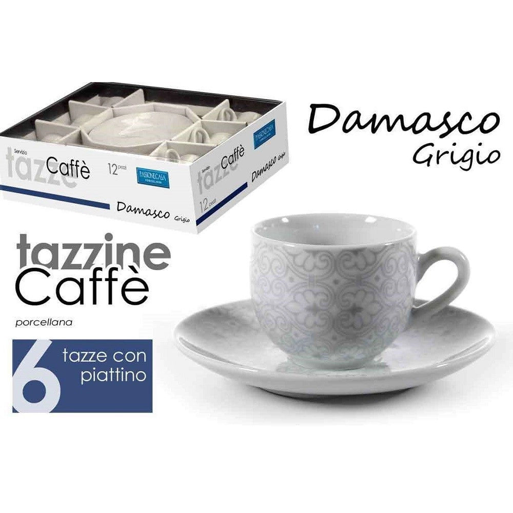 Trade Shop - Set 6pz Tazzine Caffè Piattino Classico Moderno Damasco Grigio Porcellana 720383 -