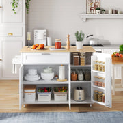Carrello cucina mobile con piano ribaltabile, 5 ruote e armadi