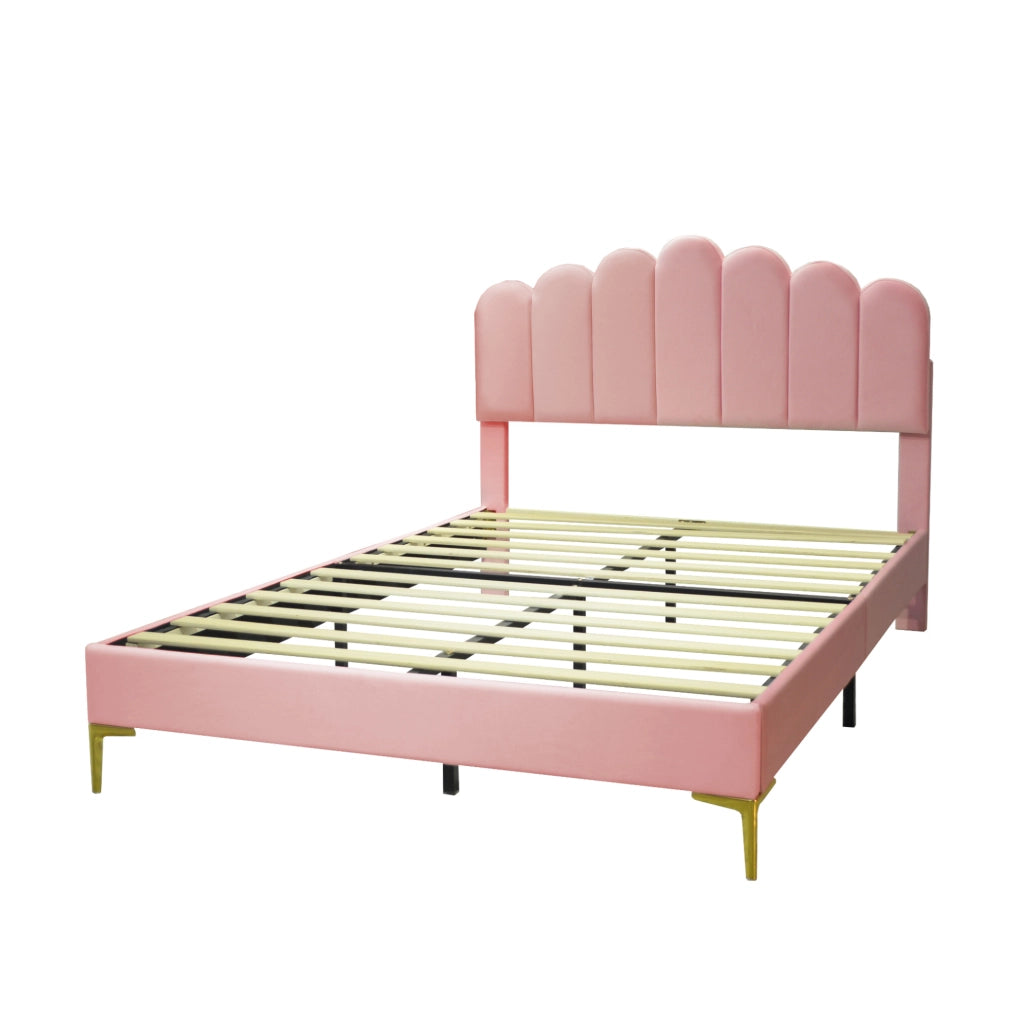 Letto imbottito matrimoniale 140 x 200 cm in velluto rosa; testiera regolabile; 12 doghe