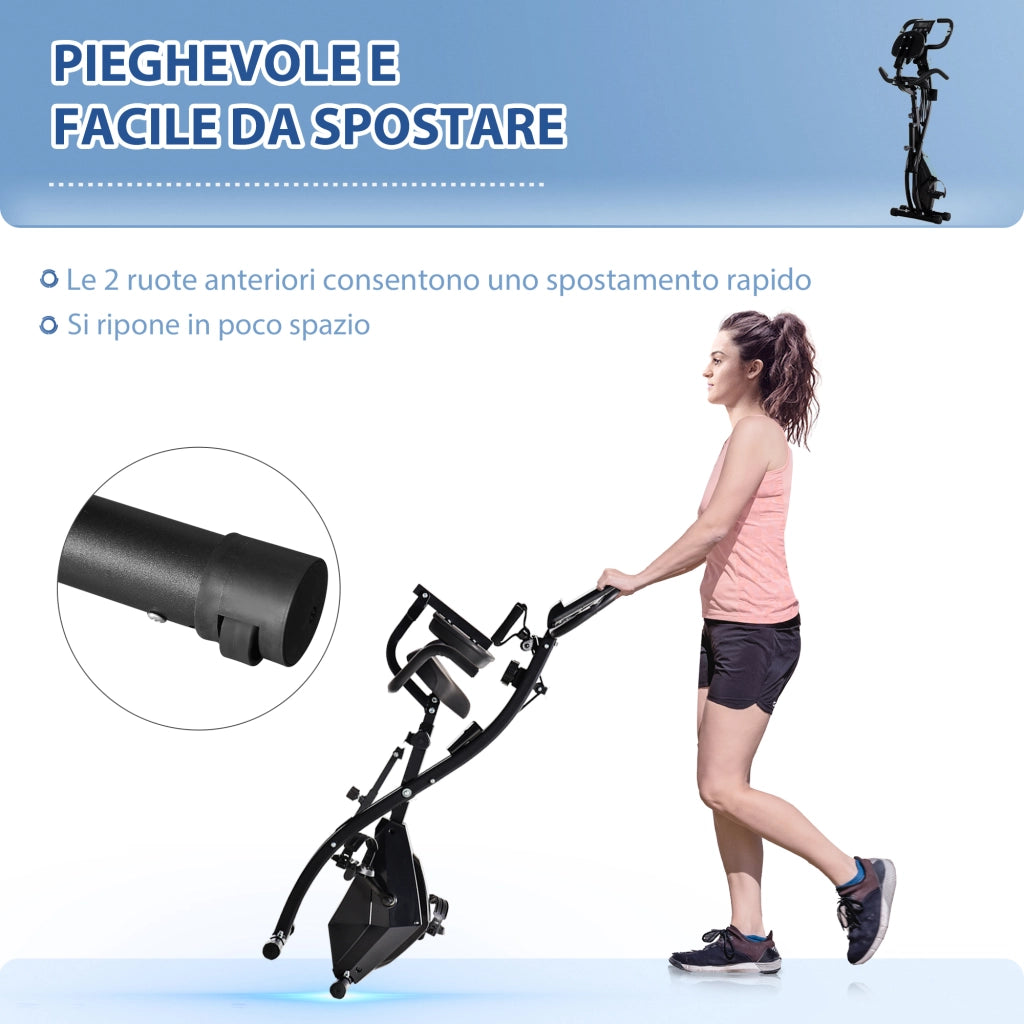 EasyComfort Cyclette Pieghevole 2 in 1, Resistenza Magnetica Regolabile 8 Livelli, Cyclette da Casa Silenziosa con Sensore di Frequenza Cardiaca, Elastici per Braccia, Schermo LCD, Volano 2.5kg, Nero