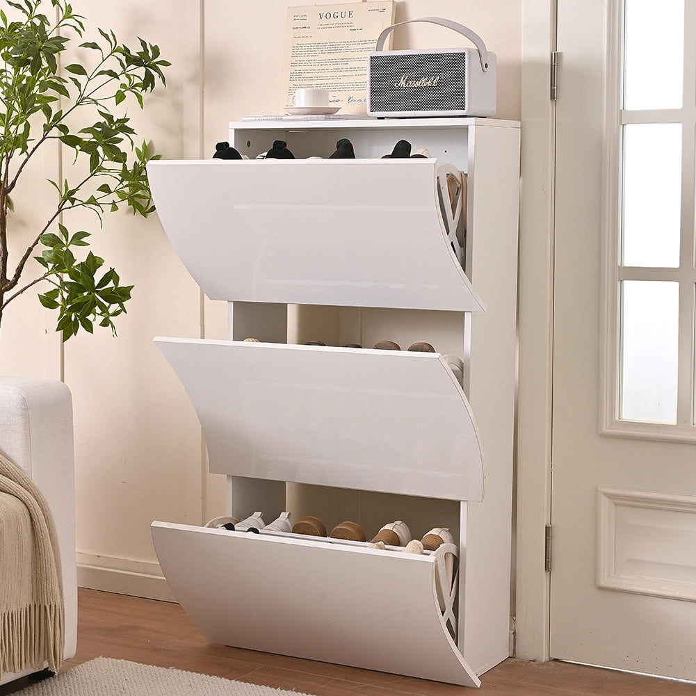 Scarpiera Ingresso in Legno Lucido ONDE 3 Ante Bianco Salvaspazio 71x26.5x121cm