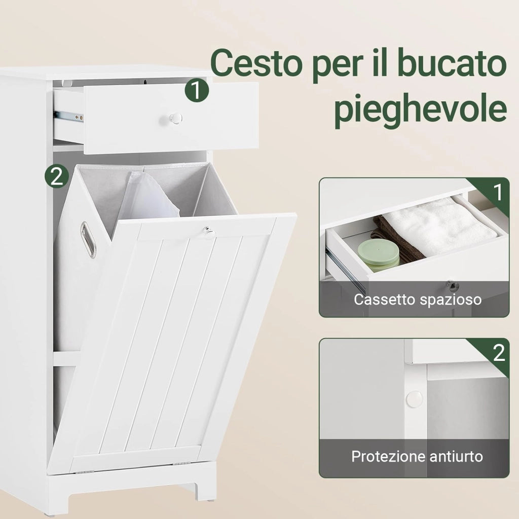 Mobiletto Bagno Salvaspazio con Cassetto e Cesto Portabiancheria Estraibile - Armadietto Stretto Verticale per Bagno Piccolo o Lavanderia - Mobile Bagno in MDF Bianco, L40×P38×H90 cm, BZR21-II-W
