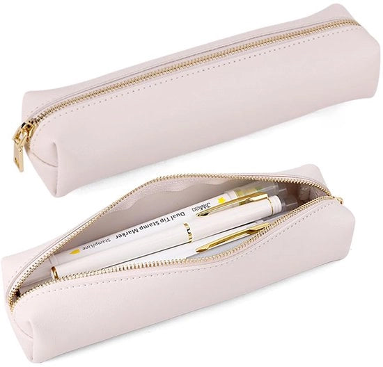 Etui in pelle unisex per adolescenti, contenitore per contenitore, contenitore per scuola, ufficio, ragazze, donne, studente, regalo (beige)