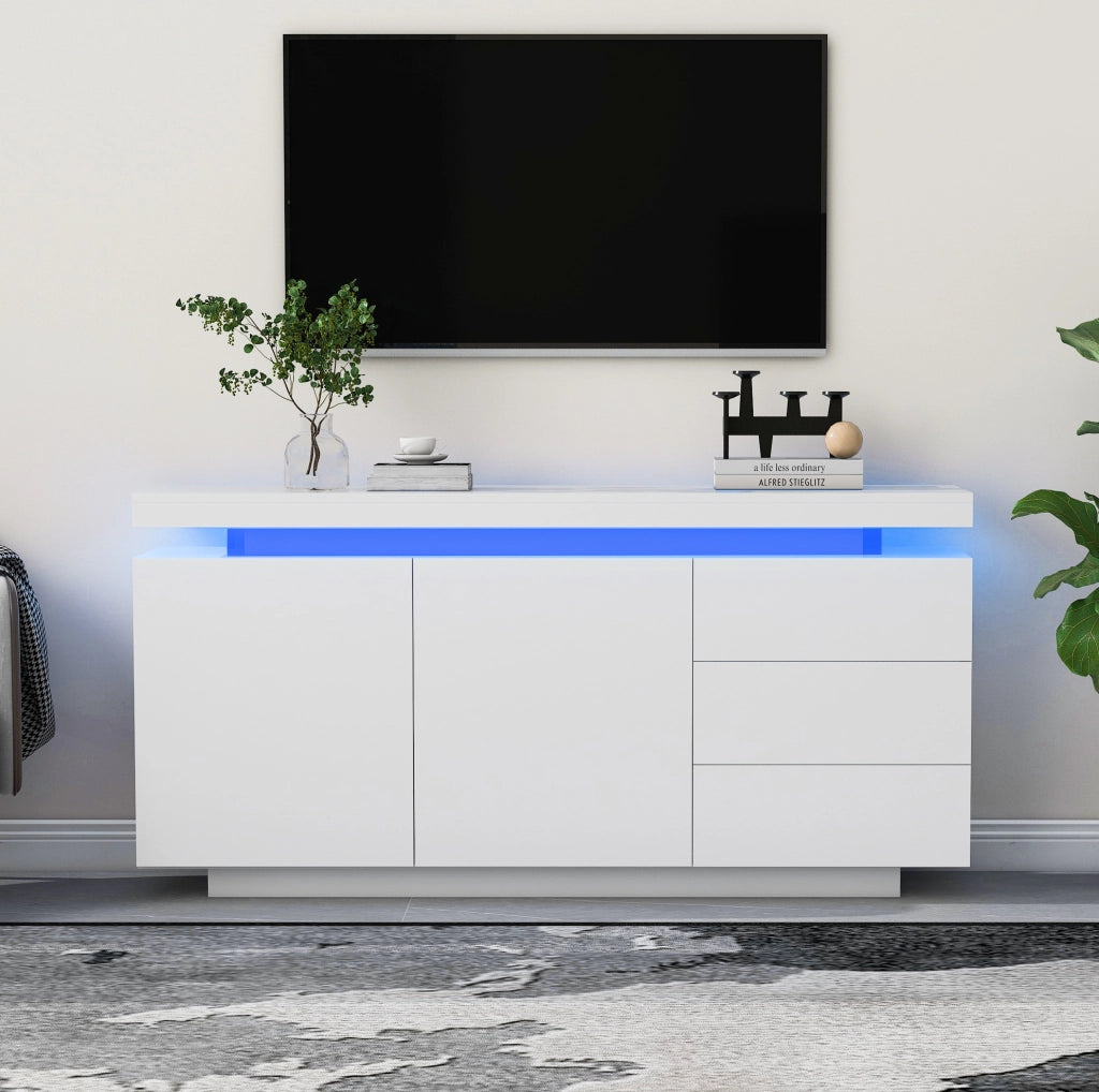 Credenza 140x35x72.5 cm con LED; 2 ante e 3 cassetti; bianco