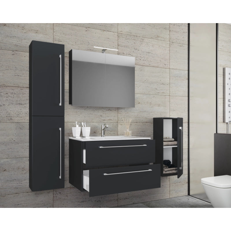 Completo Set bagno 5 pz Mobile sosp 2 casetti con Lavabo XL in ceramica incl 1 Colonna 1 mobile sosp e mobile specchio, Nero