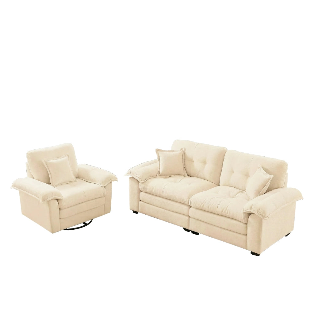 Divano in ciniglia con cuscini e seduta profonda in memory foam, struttura stabile beige