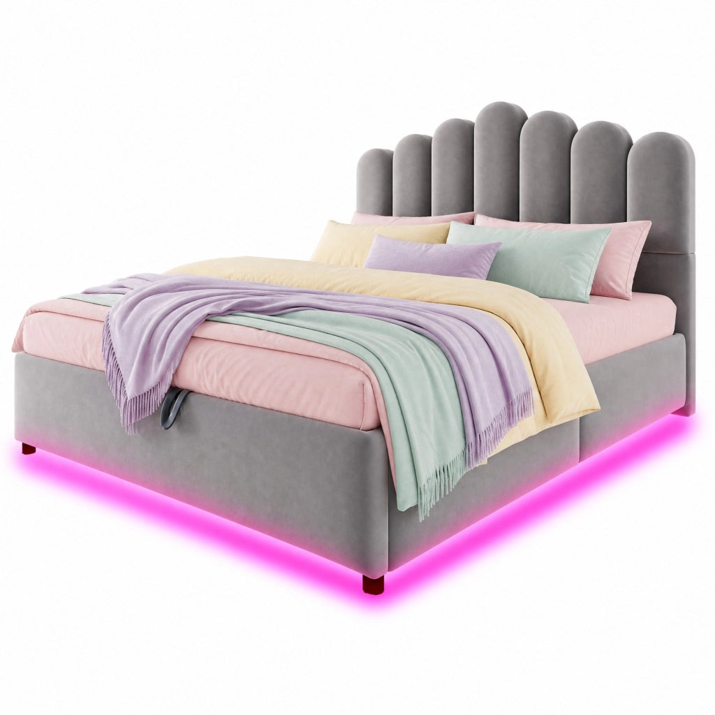 Letto contenitore matrimoniale 140×200 cm con LED e testiera imbottita; senza materasso; velluto; grigio