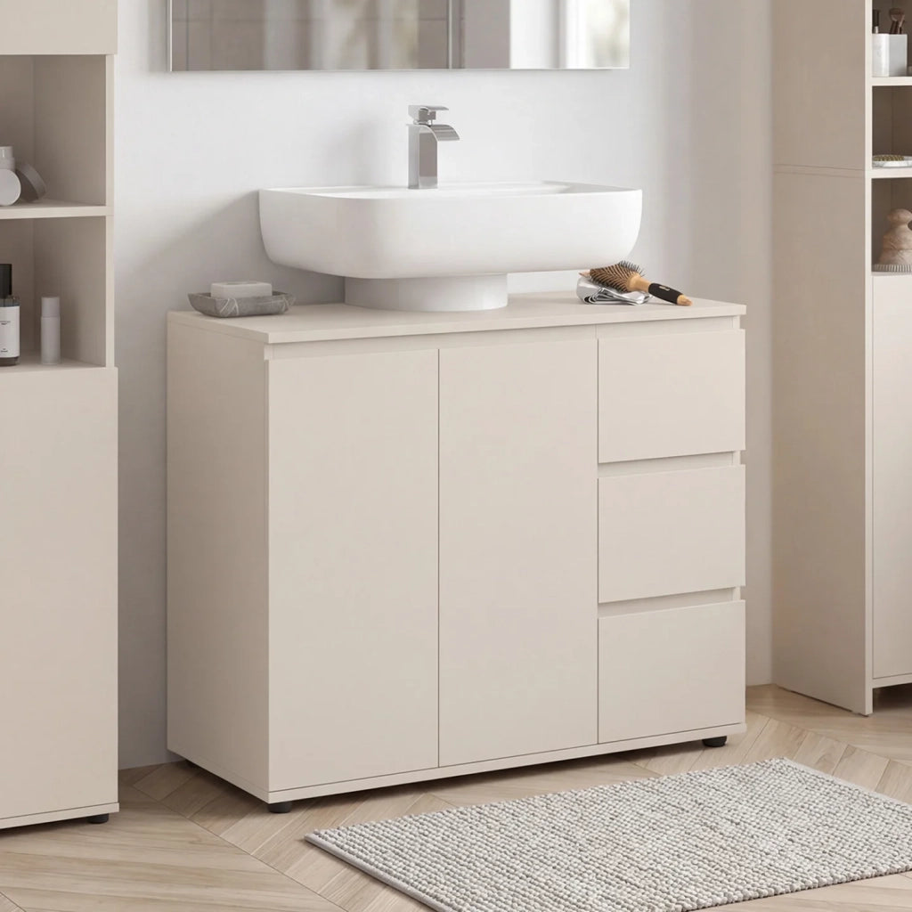 IDMarket - Mobiletto da bagno TOMI con armadietto e 3 cassetti beige