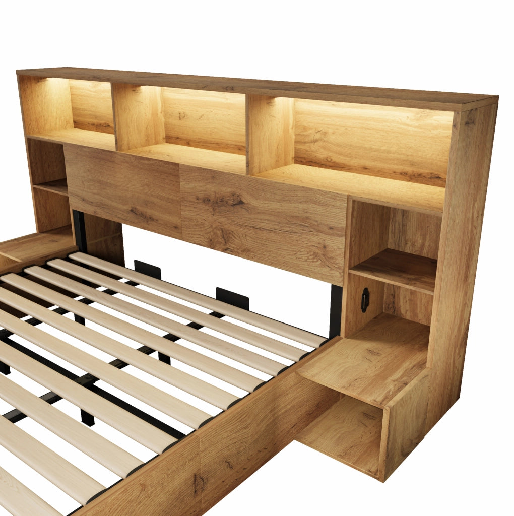 Letto contenitore 180x200 cm effetto rovere con comodini, LED e USB-C