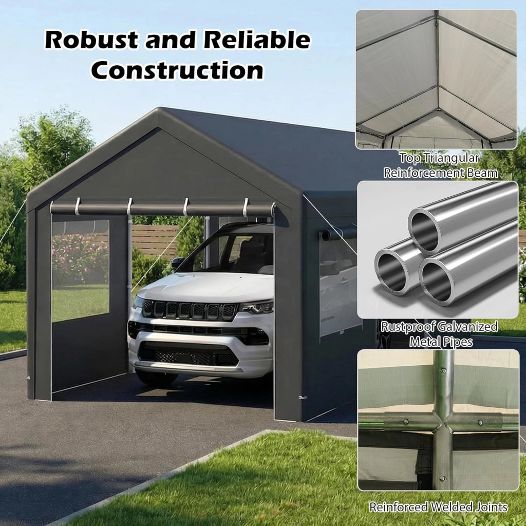 Tenda Garage Auto Esterno, Tettoia per Auto con Telaio in Metallo, Copertura in PE Resistente alle Intemperie, Capanno Giardino per Vehicolo, Bici, Moto, Attrezzi (Grigio, 363 x 600 x 295 cm)