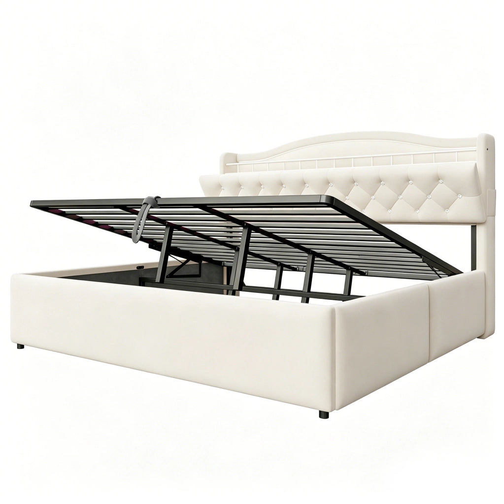 Letto imbottito 180x200 cm con contenitore idraulico; USB e USB-C; tessuto e metallo beige
