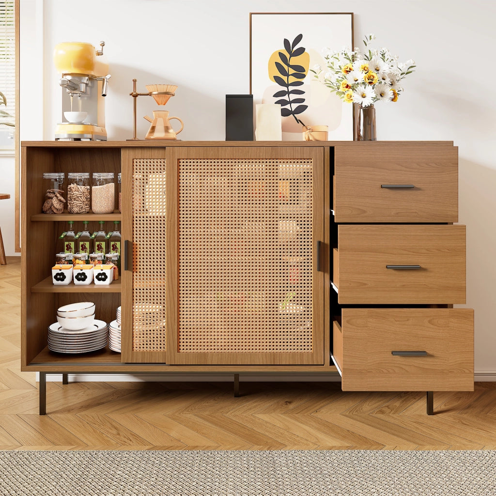 Credenza con 2 Ante Scorrevoli; 3 Cassetti e Ripiani Regolabili; Stile Country; in Pannello Truciolare; Natural; 140??37??91 cm