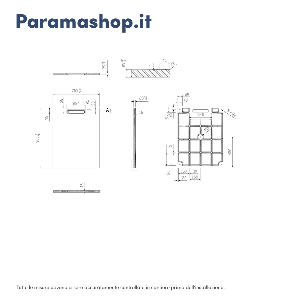 Piatto doccia 70x90 cm in marmoresina grigio effetto pietra | Paros