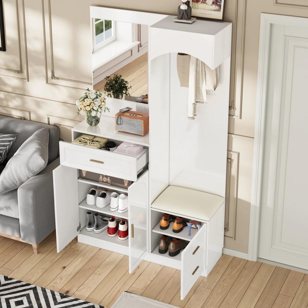Set mobili ingresso con guardaroba, scarpiera, specchio e panca, in MDF Bianco