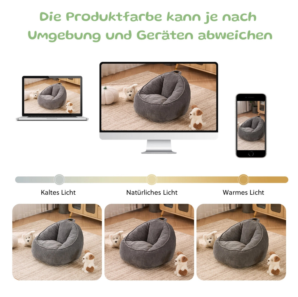 Poltrona sacco per bambini in velluto a coste; forma ergonomica; grigio