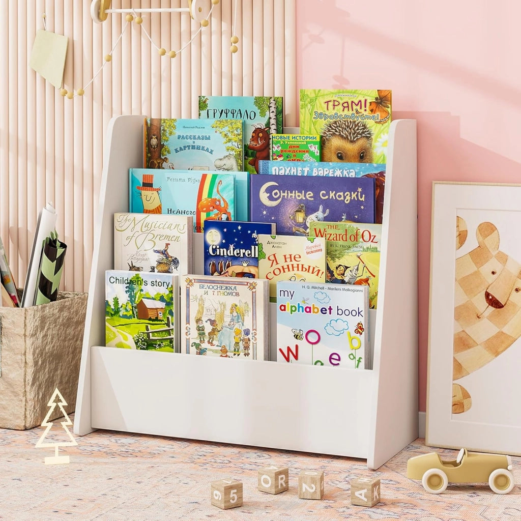 Libreria per Bambini a 4 Ripiani, Scaffale in Legno con Ampio Spazio di Esposizione, Porta Riviste per Camera dei Bambini Sala Giochi e Aula, 57,5x26,5x59 cm (Bianco)