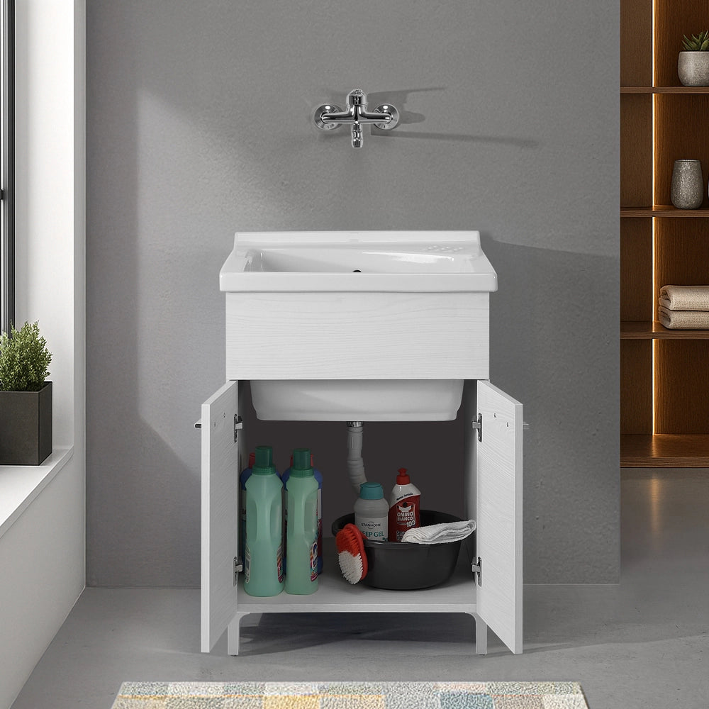 Mobile lavatoio 60x60cm bianco frassino con due ante e vasca in ceramica Revine