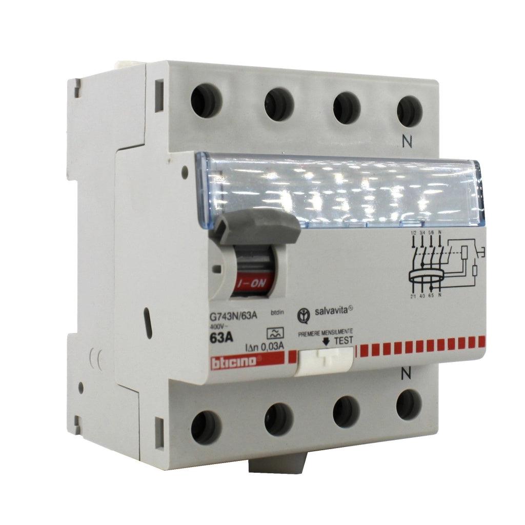Differenziale puro classe A 0,03A 4 moduli 63A Bticino