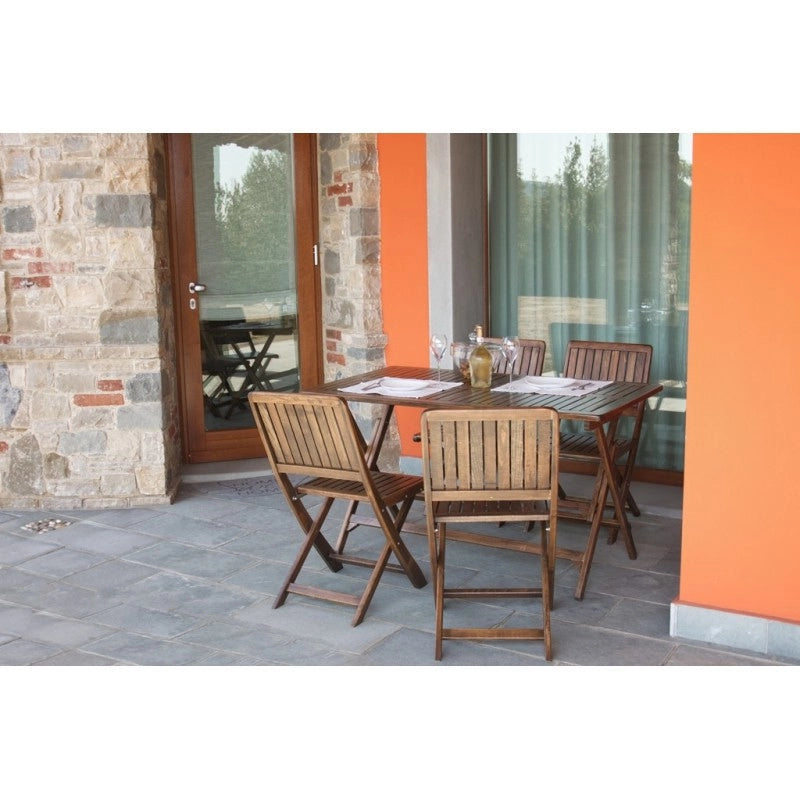 Set tavolo da giardino pieghevole con 4 sedie in legno carpino, 135x75 cm, finitura noce, salvaspazio esterno - Esterni da Vivere