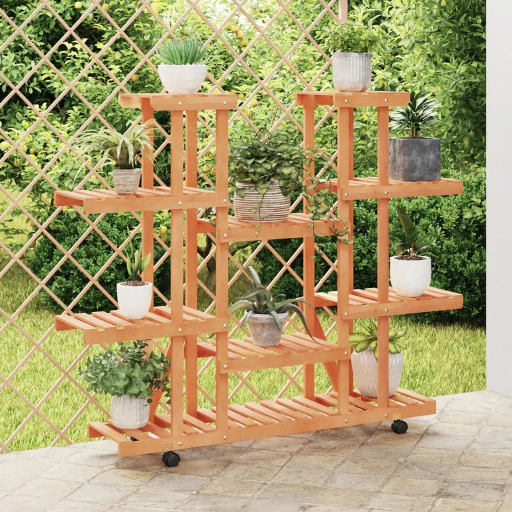 Portafiori con Ruote-Supporto per Piante Mobile-Rastrelliera per Fiori 110x25x115 cm in Legno Massello di Abete 570241
