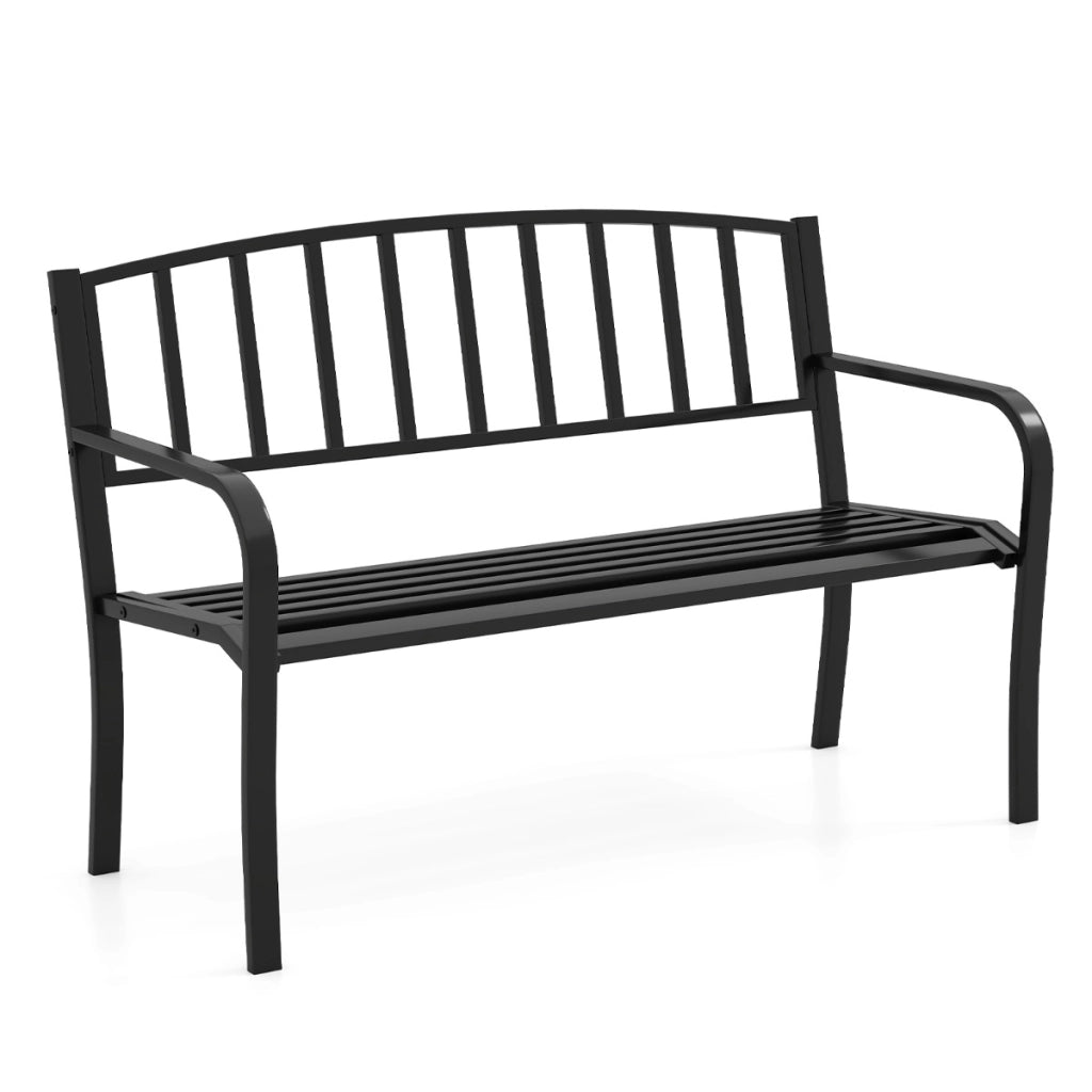 Panca da esterno panca da giardino da 127 cm con schienale a listelli e braccioli curvi, Panca da patio per 2-3 persone Nero-Panchine