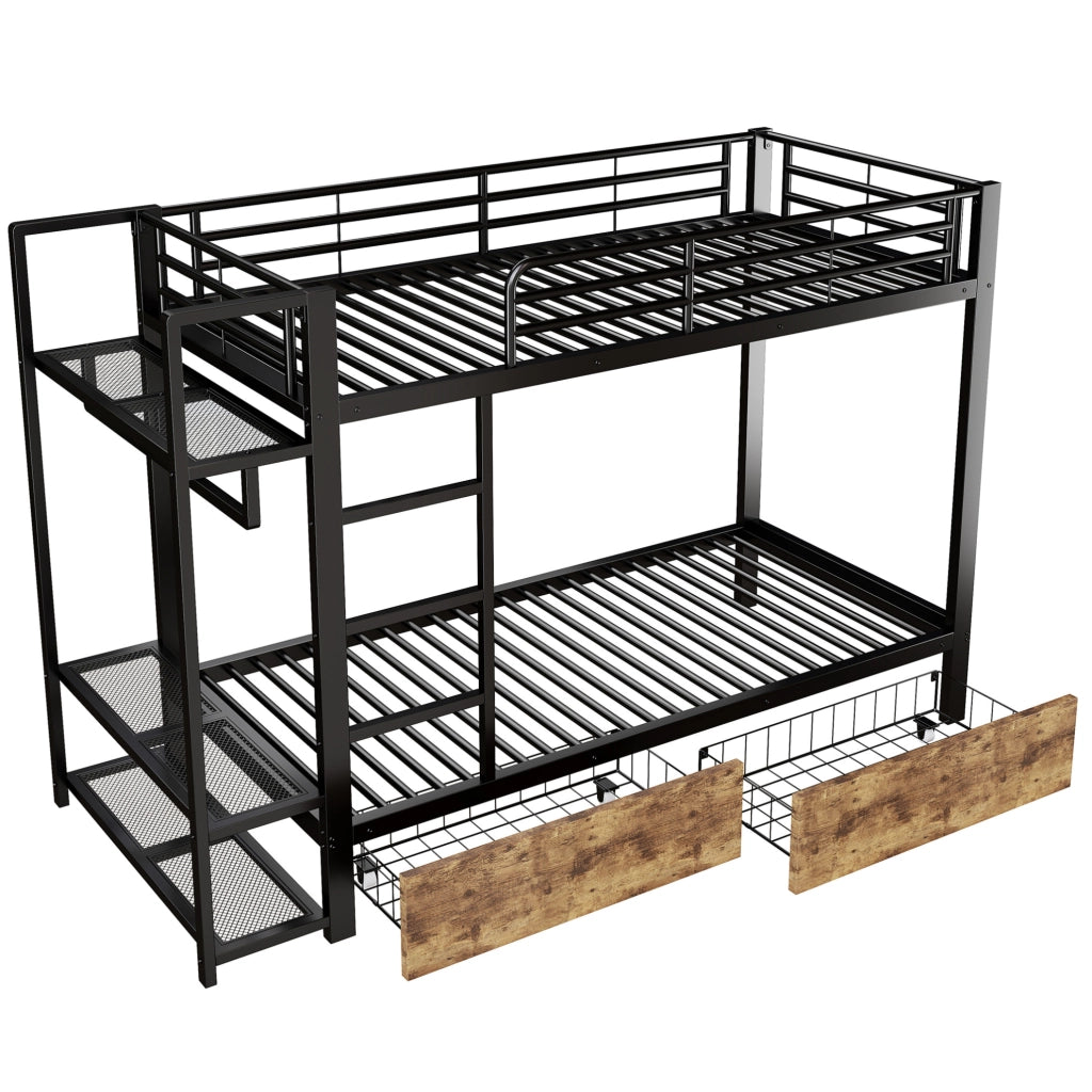 Letto a castello ULEVR 90x200 cm con LED controllabile tramite app, 2 cassetti e ripiani, nero