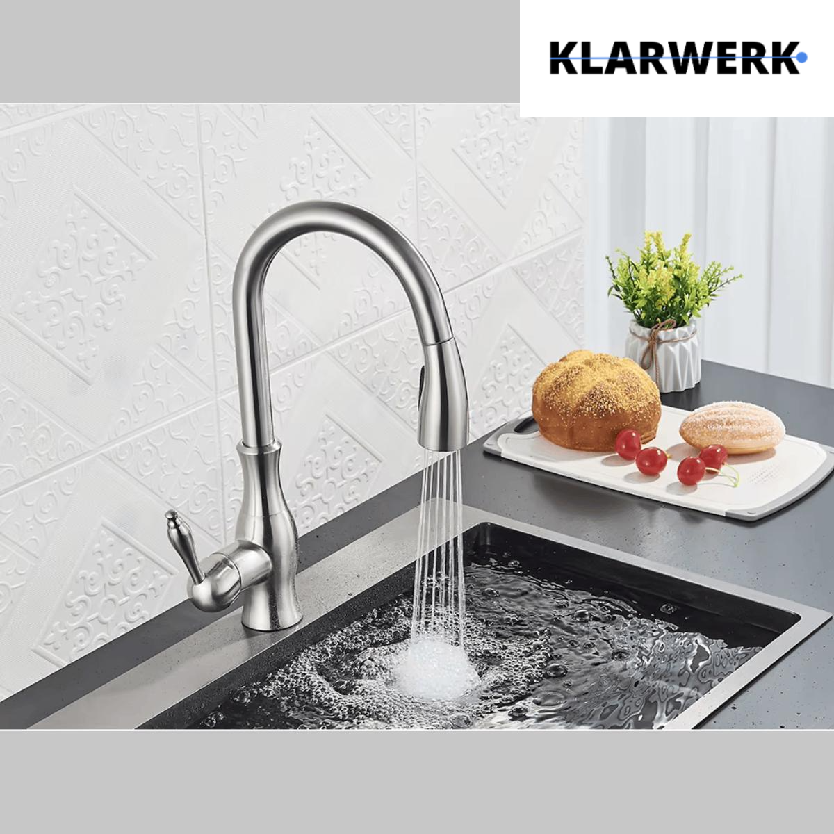 NAVIS | Elegante rubinetto cucina estraibile in acciaio inox argento, arco alto, miscelatore di lusso, alta pressione, 360°, 2 attacchi