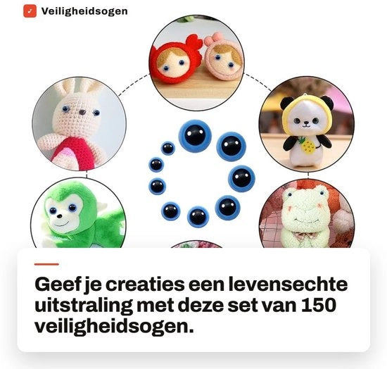 Occhi di sicurezza in plastica da 150 pezzi - Fili di riempimento per cuscini - Occhi di sicurezza per bambini - Occhi di amigurumi - Anelli di chiusura 8-24 mm
