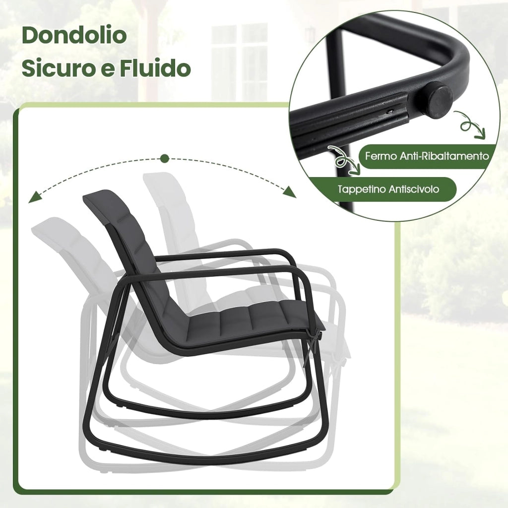Set Tavolino e Sedie da Giardino con Cuscino, Set di Mobili a Dondolo, Set Bistrò 3 Pezzi, Tavolino in Vetro Temperato, Sedie in Textilene, per Giardino Cortile Piscina (Modello 2)