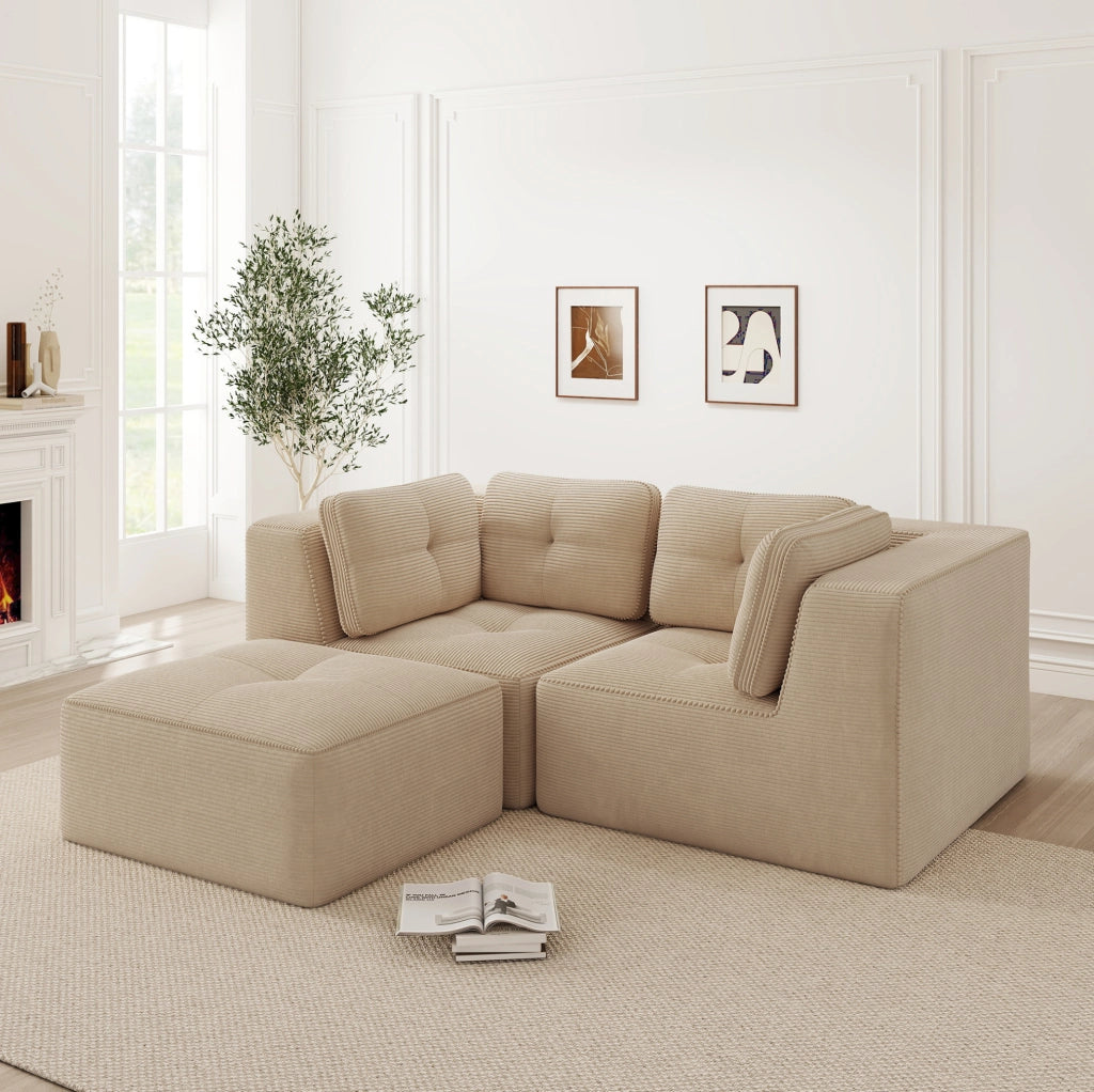 Divano angolare modulare in tessuto corduroy beige 208x177x69 cm; componibile