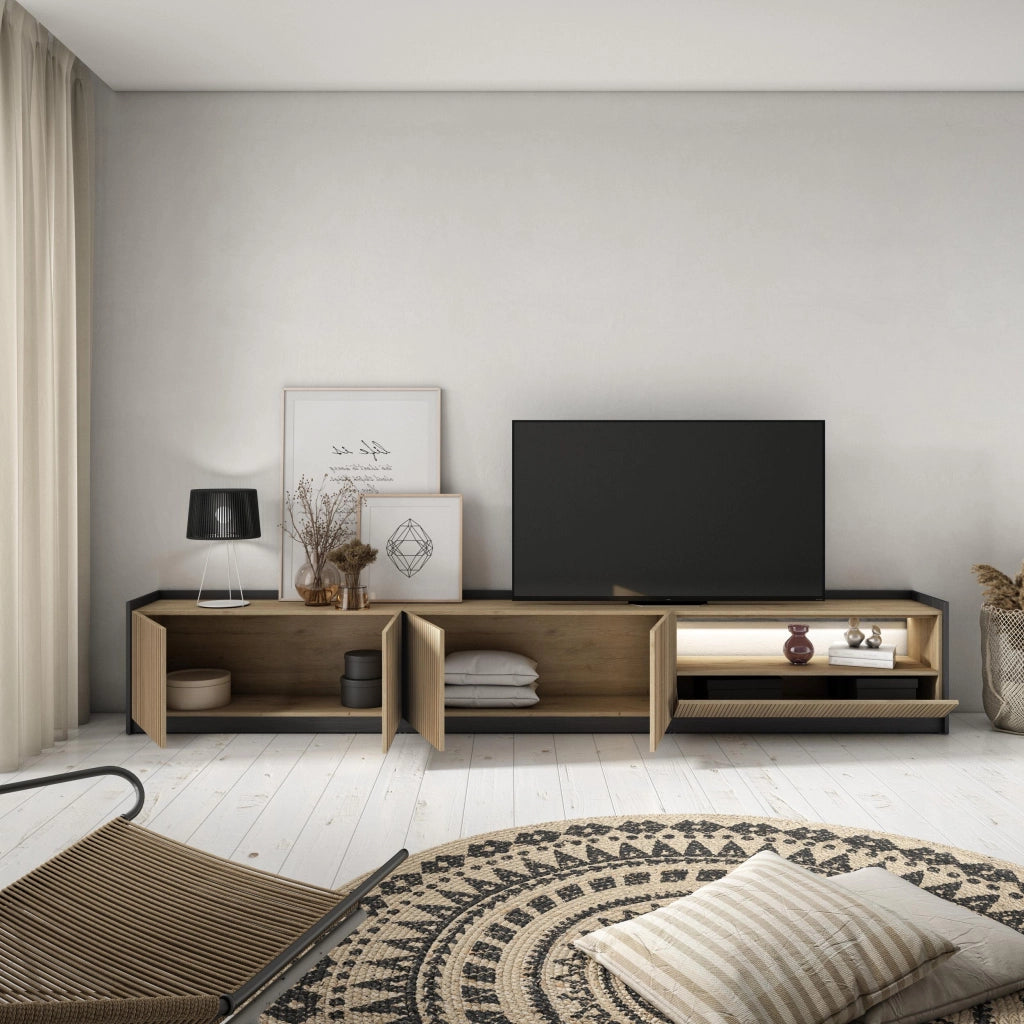Mobile TV Soggiorno, 310x50x37 cm, Per TV fino a 80", Led, Rovere e nero