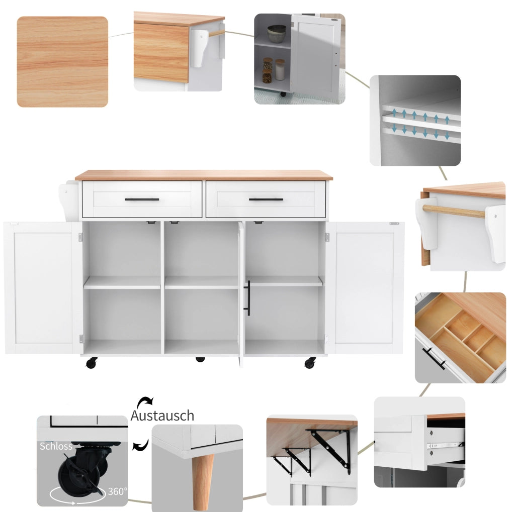 Carrello isola da cucina in MDF con piano pieghevole; 2 cassetti e 5 ruote; bianco e naturale