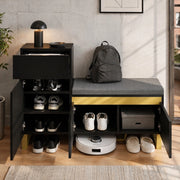 Mobile da ingresso multifunzionale con panca imbottita, cassetto e vano aperto in MDF nero 120 × 35 × 85 cm