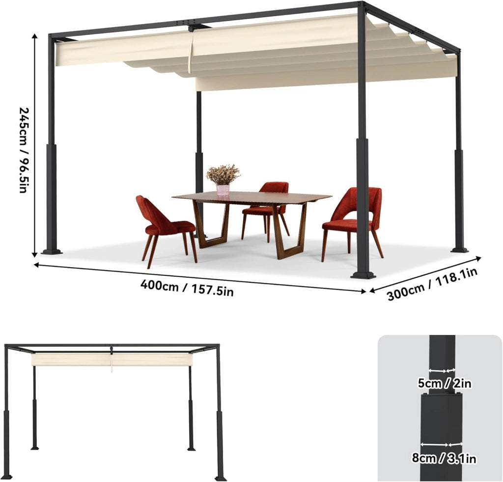Pergola, 3 x 4 m, baldacchino, impermeabile, stabile, invernale, gazebo da giardino con zone di ombra regolabili, protezione solare per giardino, terrazza e balcone, beige