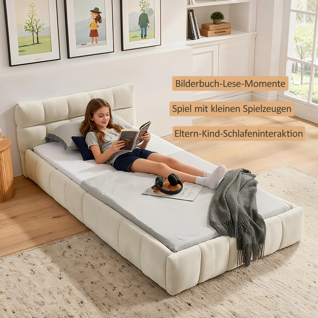 Letto Singolo 90x200 cm in Chenille; con Trapuntatura Quadrata; in Legno e Ferro; Beige