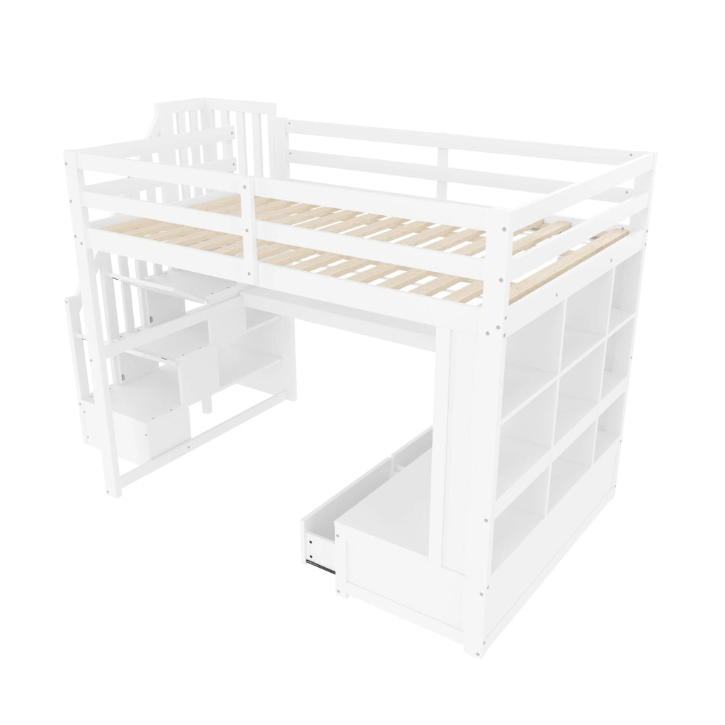 LETTO A CASTELLO 140x200 con scrivania, ripiani, cassetti e scala, bianco