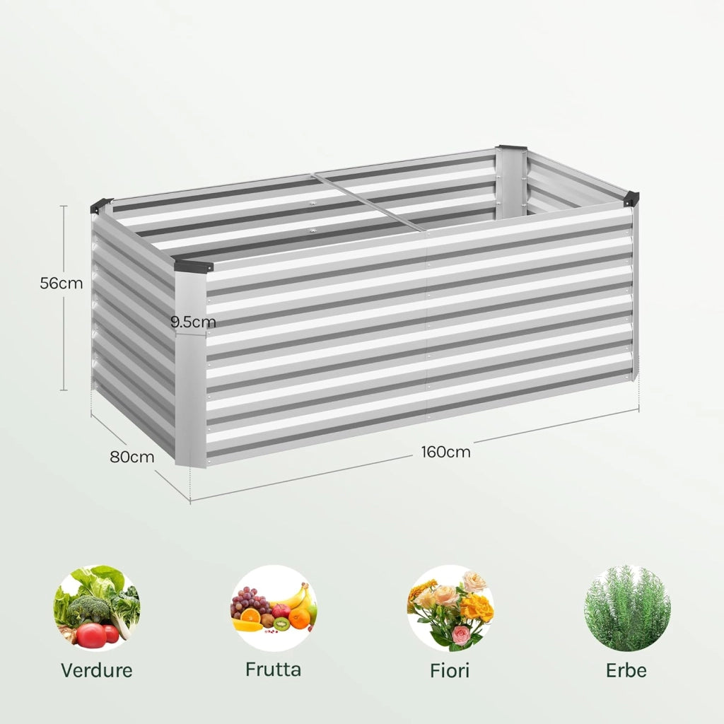 Orto Urbano in Metallo, Fioriera Esterno per Verdure, Frutta e Fiori, Bancal Orto per Giardino, Patio e Terrazza, 160 x 80 x 56 cm, Argento