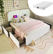 Letto imbottito 140x200 cm bianco con materasso H3, LED, USB-C e 4 cassetti
