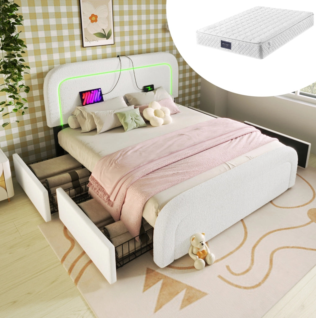 Letto imbottito 140x200 cm bianco con materasso H3, LED, USB-C e 4 cassetti