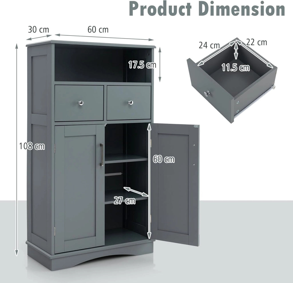 Armadietto da Bagno in MDF con Ripiani Regolabili, Mobiletto da Terra con 2 Ante e 2 Cassetti, Armadio Multifunzionale per Bagno, Soggiorno, Cucina, Bianco 60 x 30 x 108 cm (Grigio)