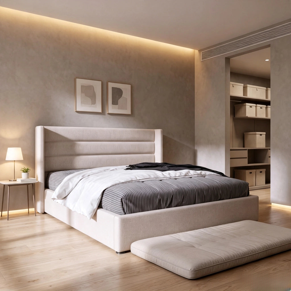 Letto matrimoniale 160x200 cm con contenitore e rete a doghe idraulica letto contenitore matrimoniale con testiera imbottita  struttura letto in legno - beige