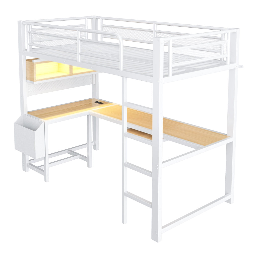 Letto a soppalco 90x200 cm con scrivania; LED e presa di ricarica in MDF e metallo bianco