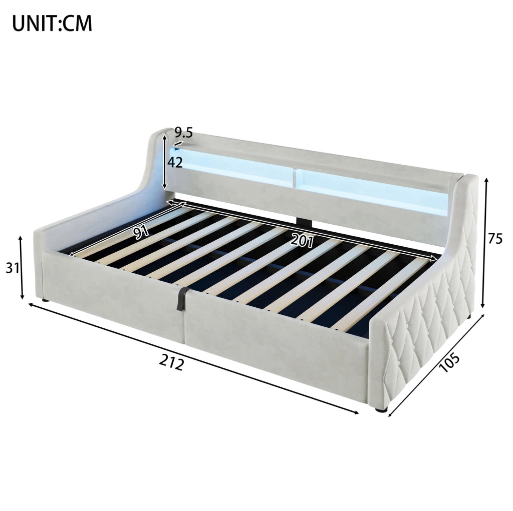 Letto singolo imbottito 90x200 cm con LED e vano contenitore