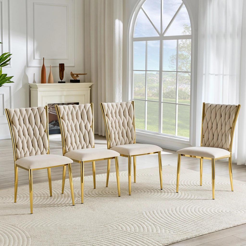 Sedia da pranzo imbottita in velluto beige con gambe in metallo oro