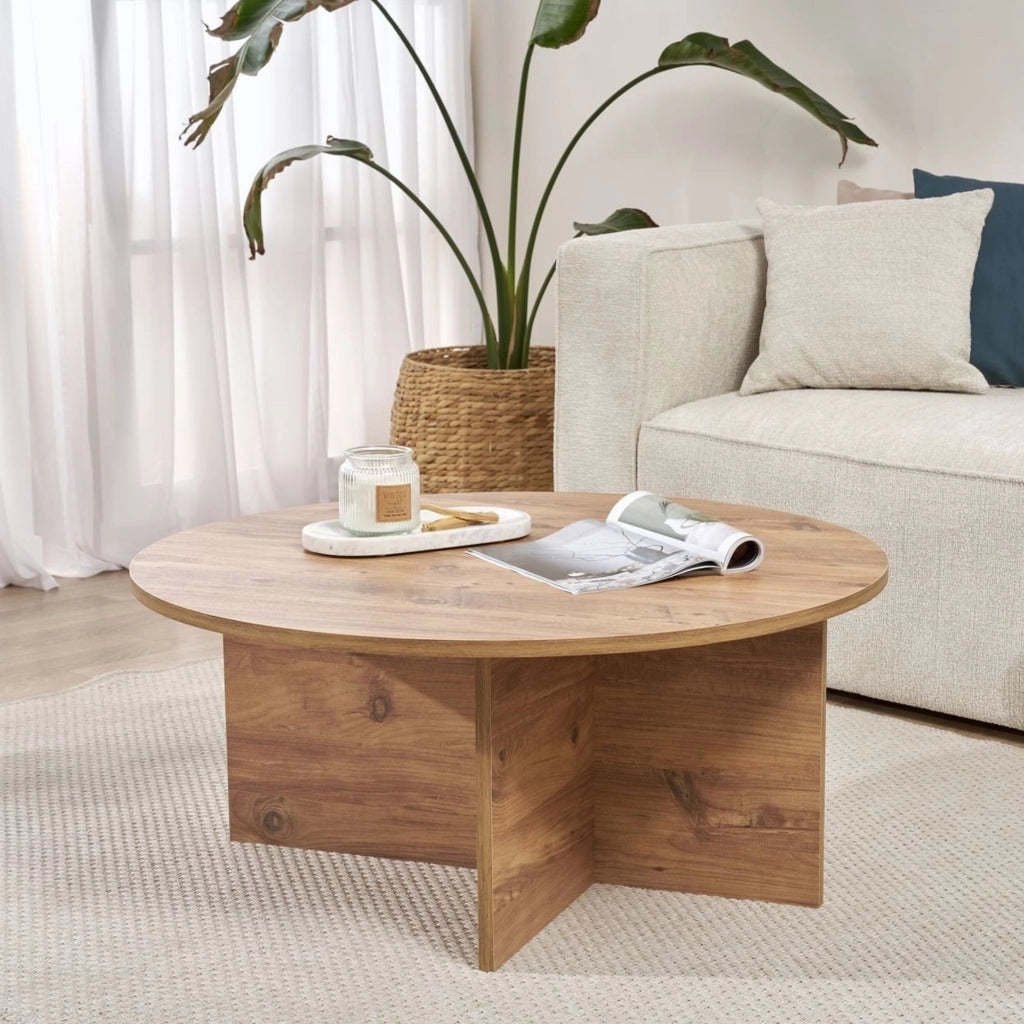 Simbario, Tavolino da Salotto Forma Rotondo, 90x90x40h cm Marrone Rovere Nodi