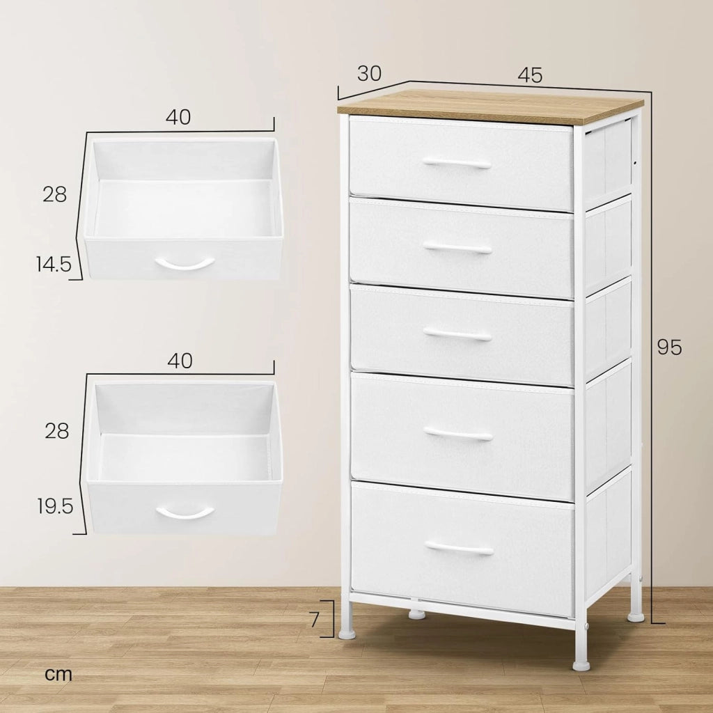 Cassettiera Camera da Letto in Tessuto, Cassettiera a 5 Cassetti, Mobile con Cassetti per Corridoio, Cameretta, Soggiorno, Bianco Nuvola + Beige Rovere