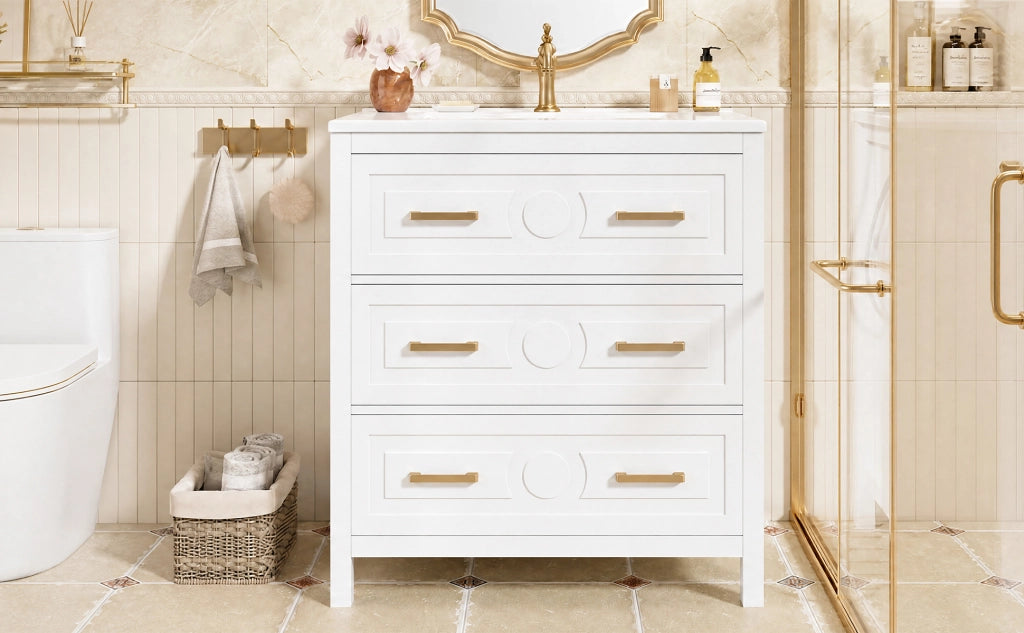 Mobile sottolavabo con 3 cassetti e lavabo in ceramica, finitura laccata, per bagno, bianco, 76,5 × 47 × 82 cm