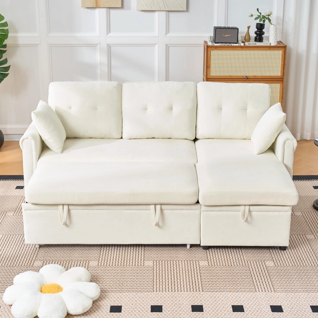 Divano angolare con letto chaise longue reversibile in chenille beige con vano contenitore 85 × 206 × 130 cm