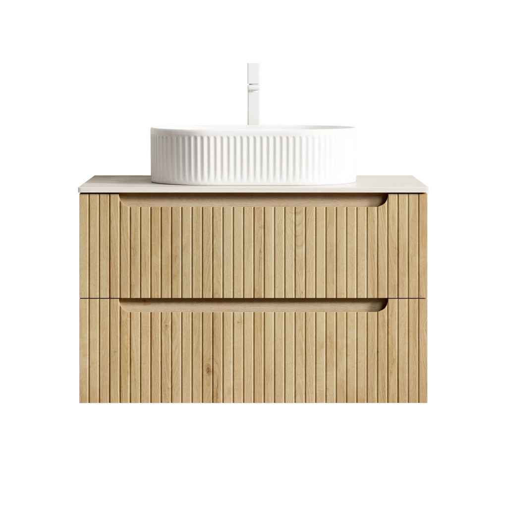 Mobile bagno sospeso con 2 cassetti soft close e lavabo ovale; piano effetto travertino per bagno; bianco e rovere bianco